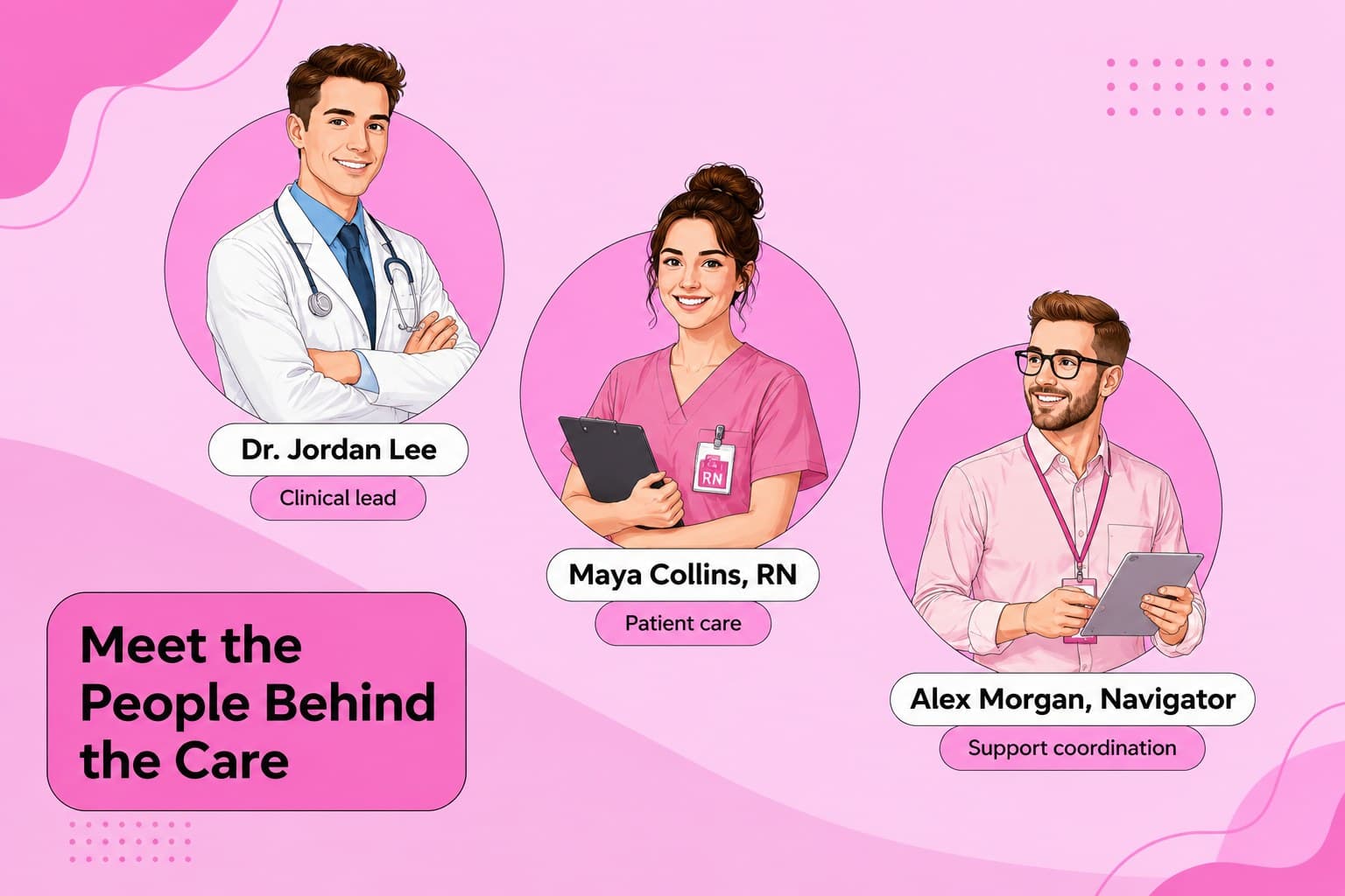 Medical team introduction slide featuring original European or American healthcare professionals in a pink illustrated style.