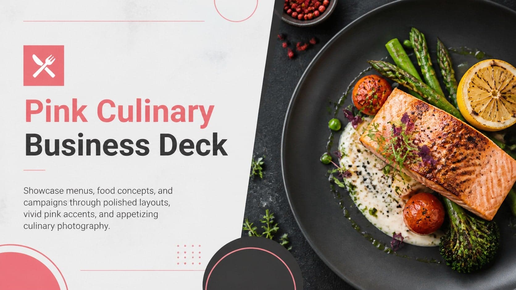 Cover of the Pink Culinary Business Deck with bold pink accents and contemporary food photography.