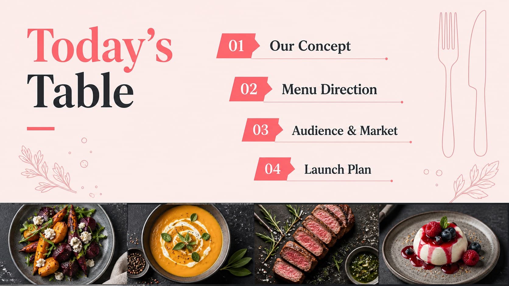 Agenda layout for a food brand presentation template with four culinary business topics.