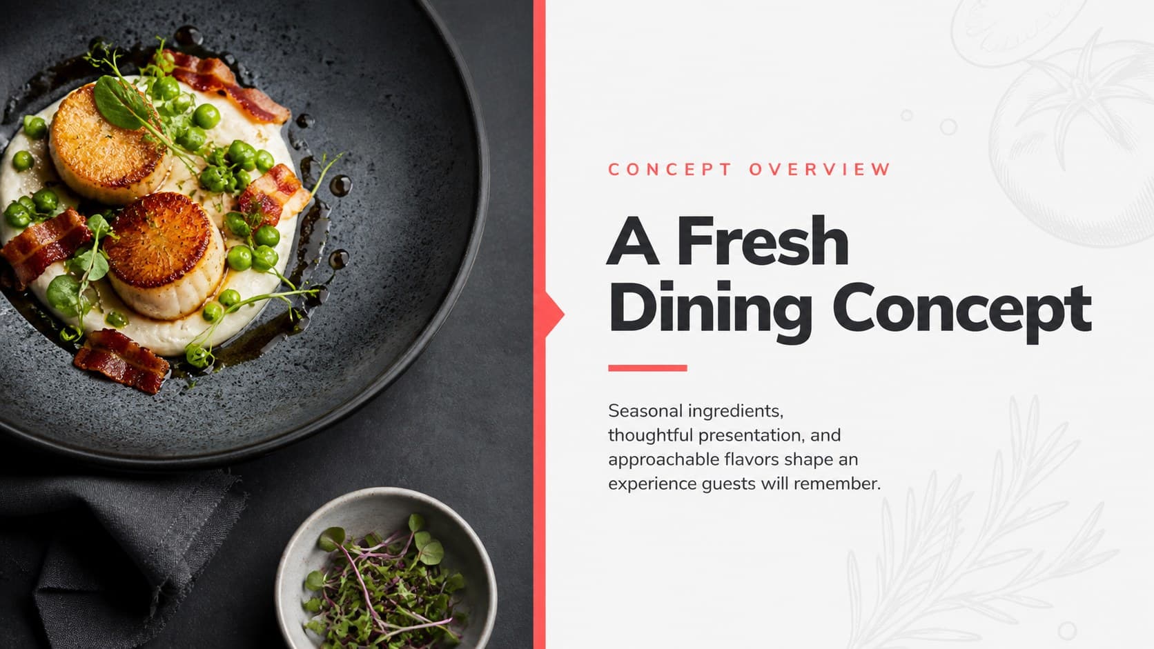 Restaurant concept slide combining a concise brand statement with colorful plated-food photography.