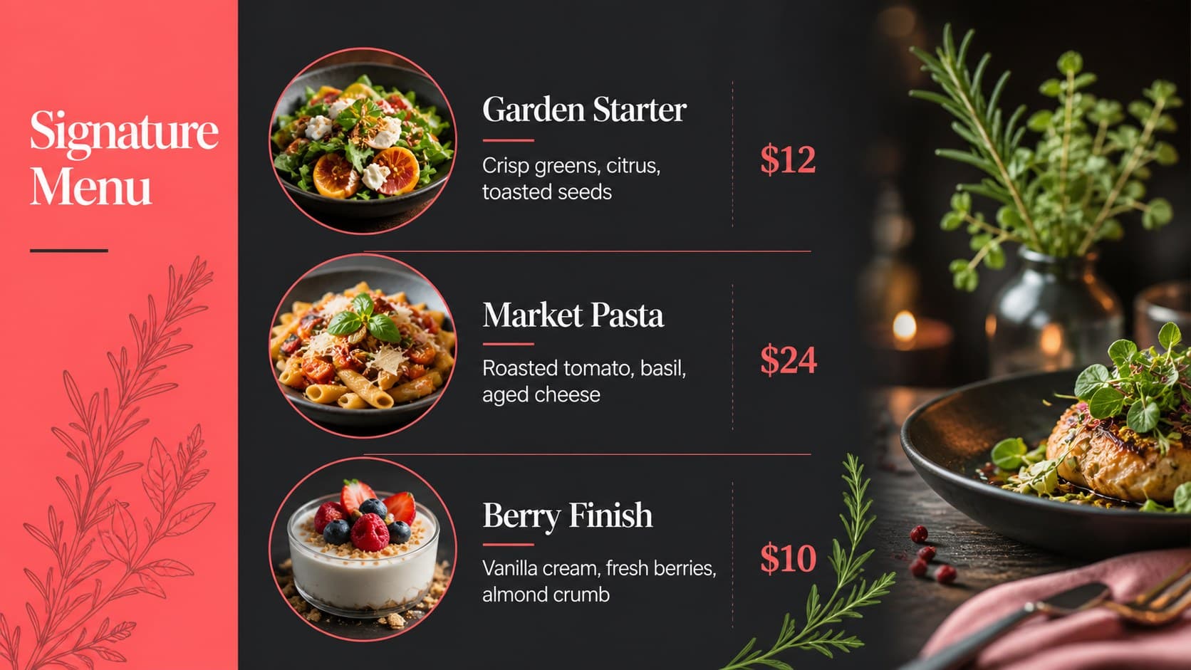 Modern menu presentation featuring three dish categories with new food photographs and prices.