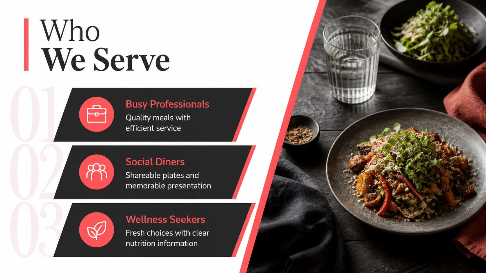 Audience profile slide for a restaurant marketing slide deck showing three customer segments.