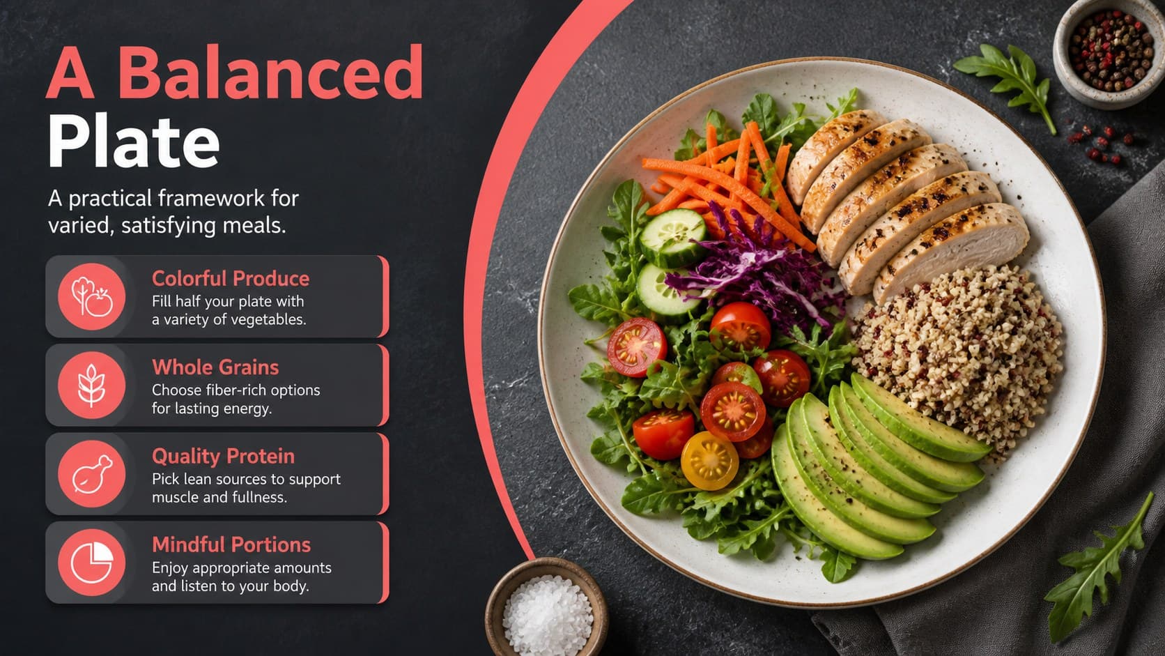 Nutrition campaign presentation deck slide outlining four principles for a balanced plate.