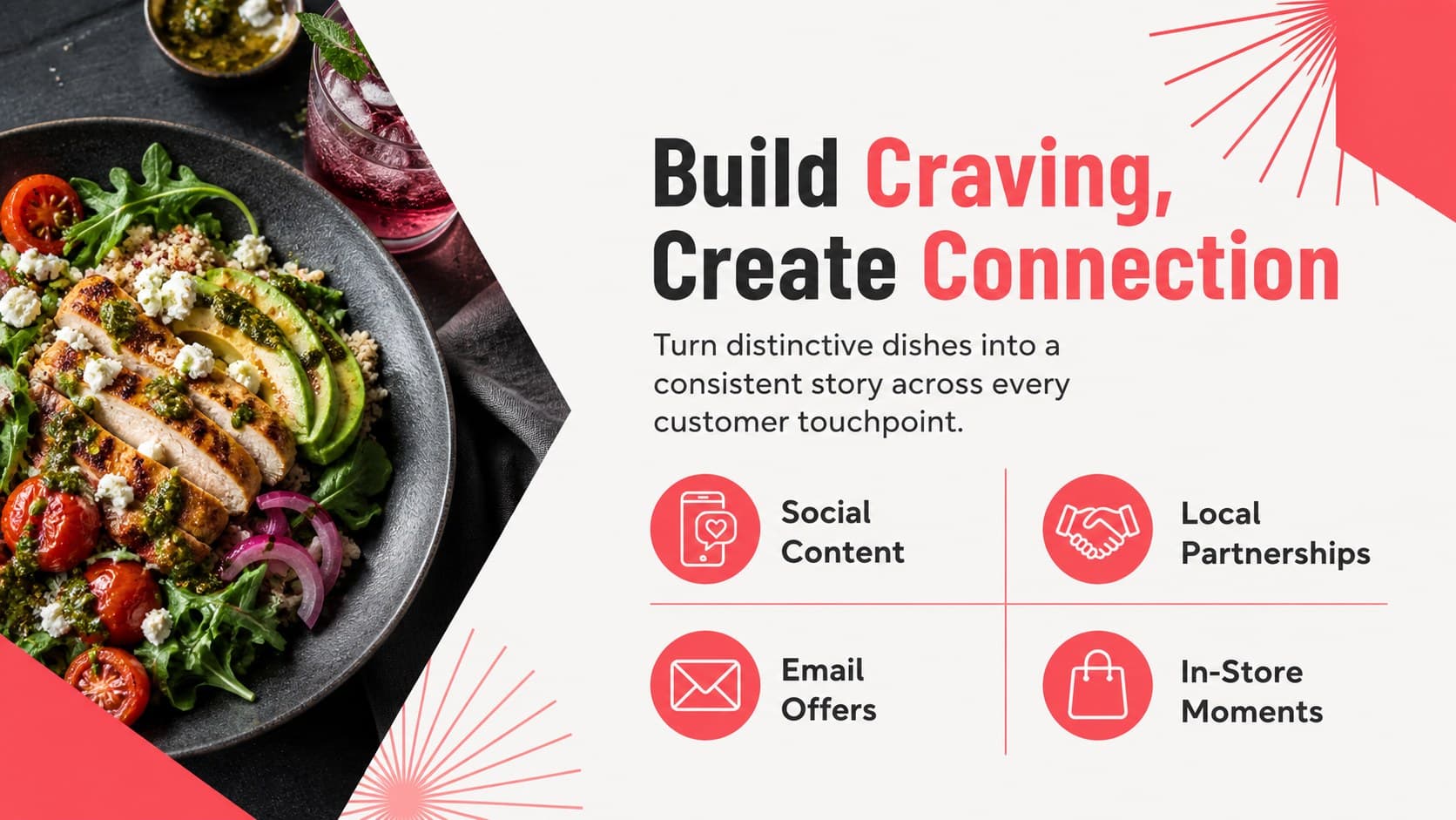 Food brand campaign slide showing promotional channels and a bold plated-dish image.