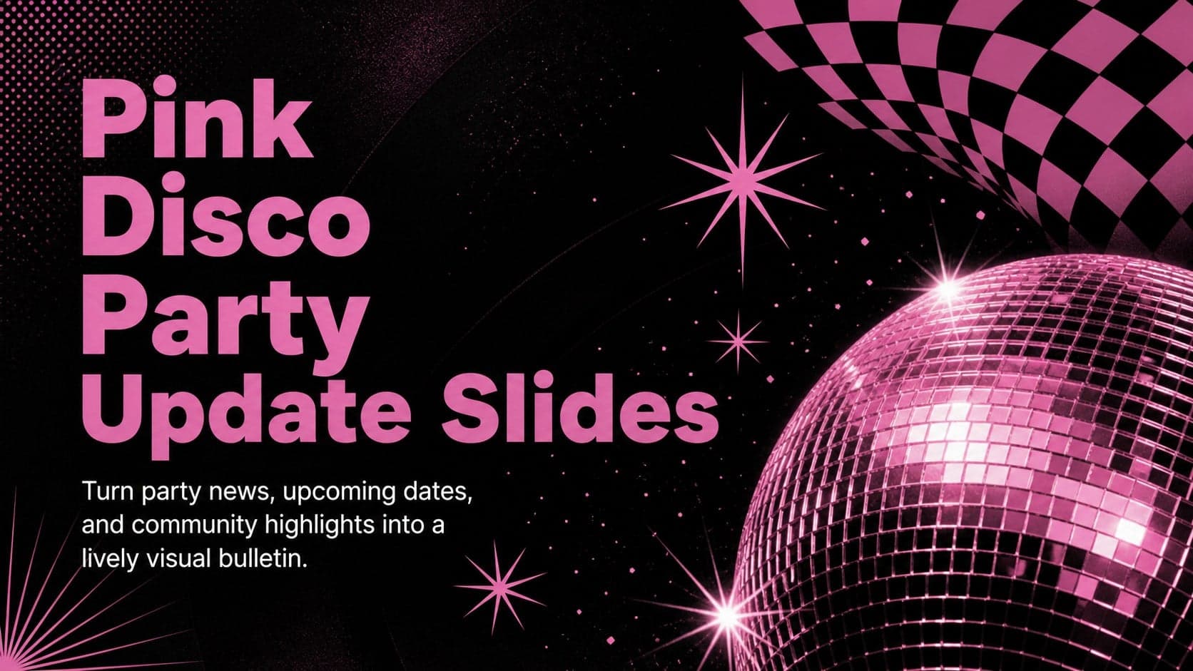 Cover for Pink Disco Party Update Slides with a bold pink headline, reflective disco graphics, and a black background.