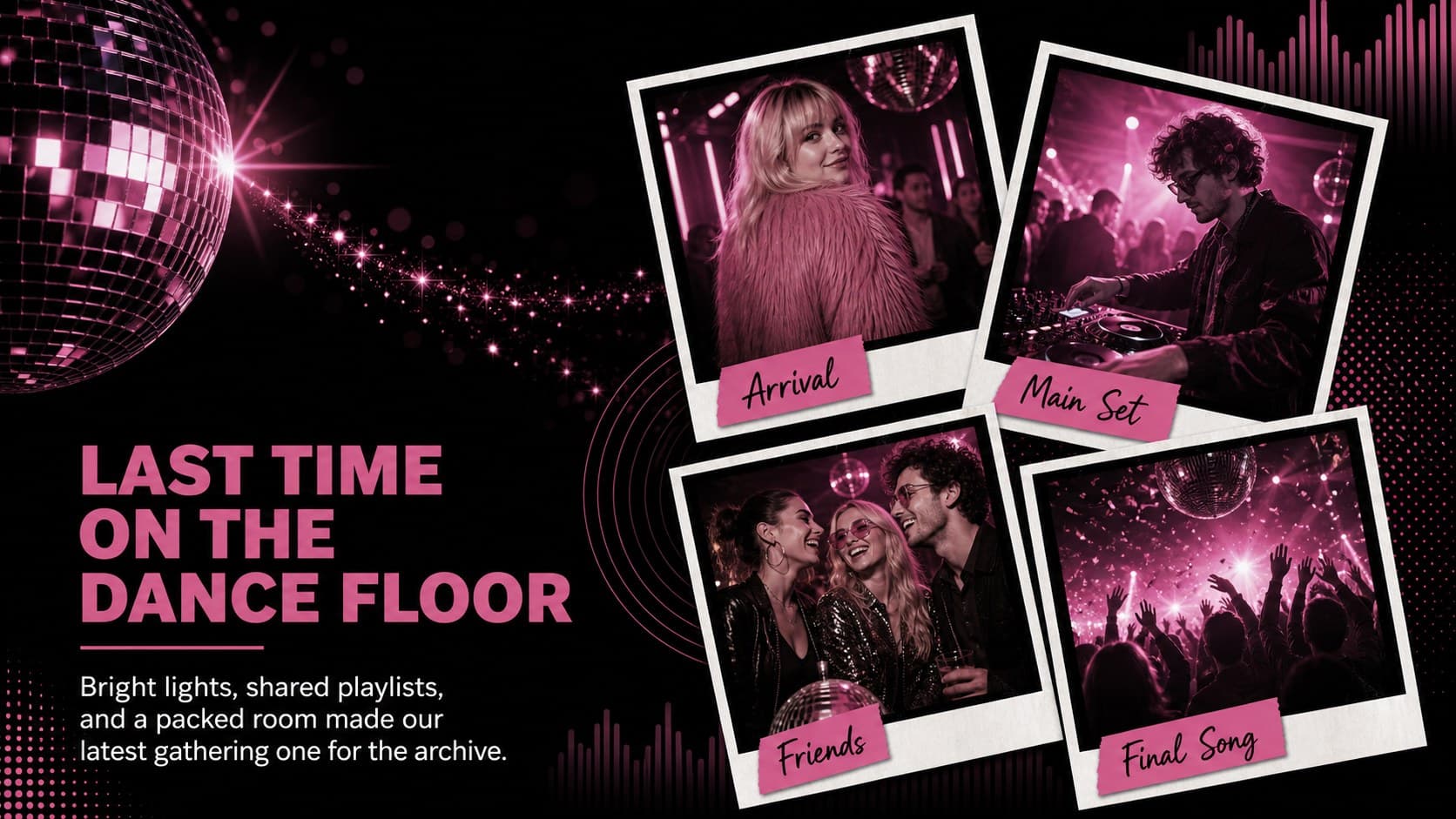 Event recap slideshow newsletter page with an angled photo collage and pink disco decorations.