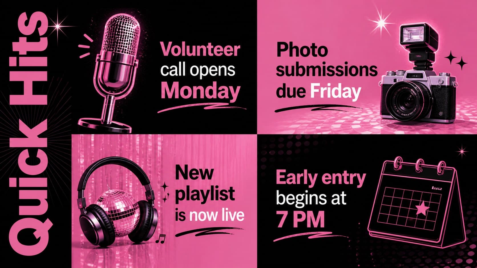 Black and pink announcement deck page containing four concise community updates with graphic icons.