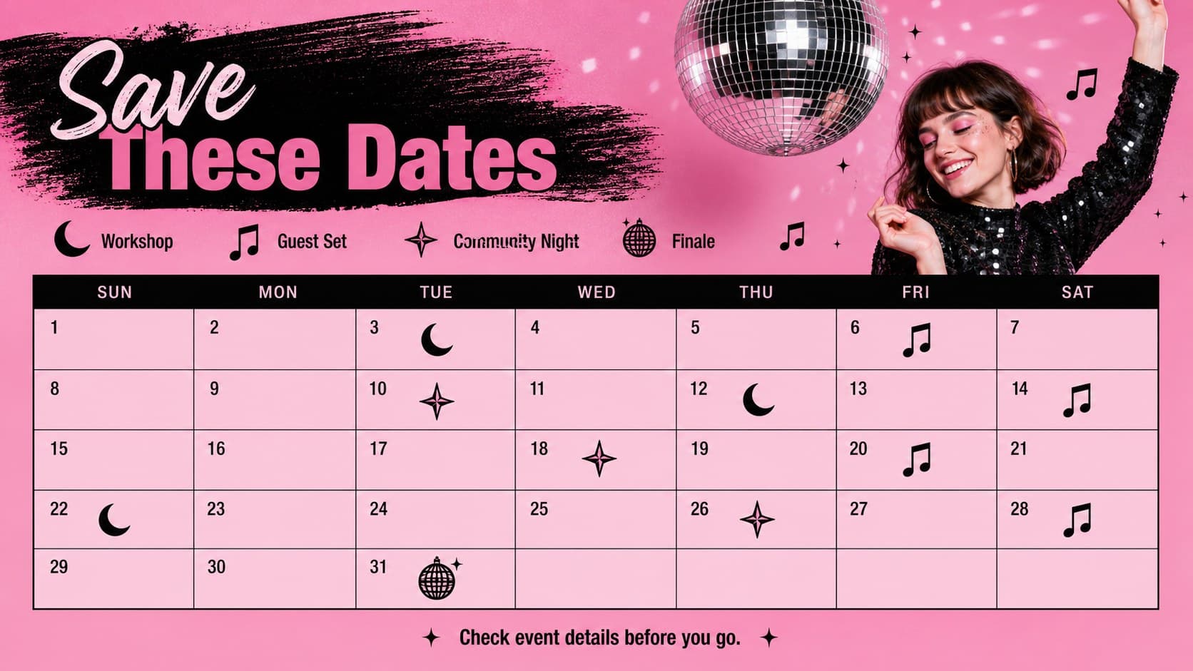 Pink retro newsletter slide with a monthly event calendar, highlighted dates, and disco-inspired symbols.