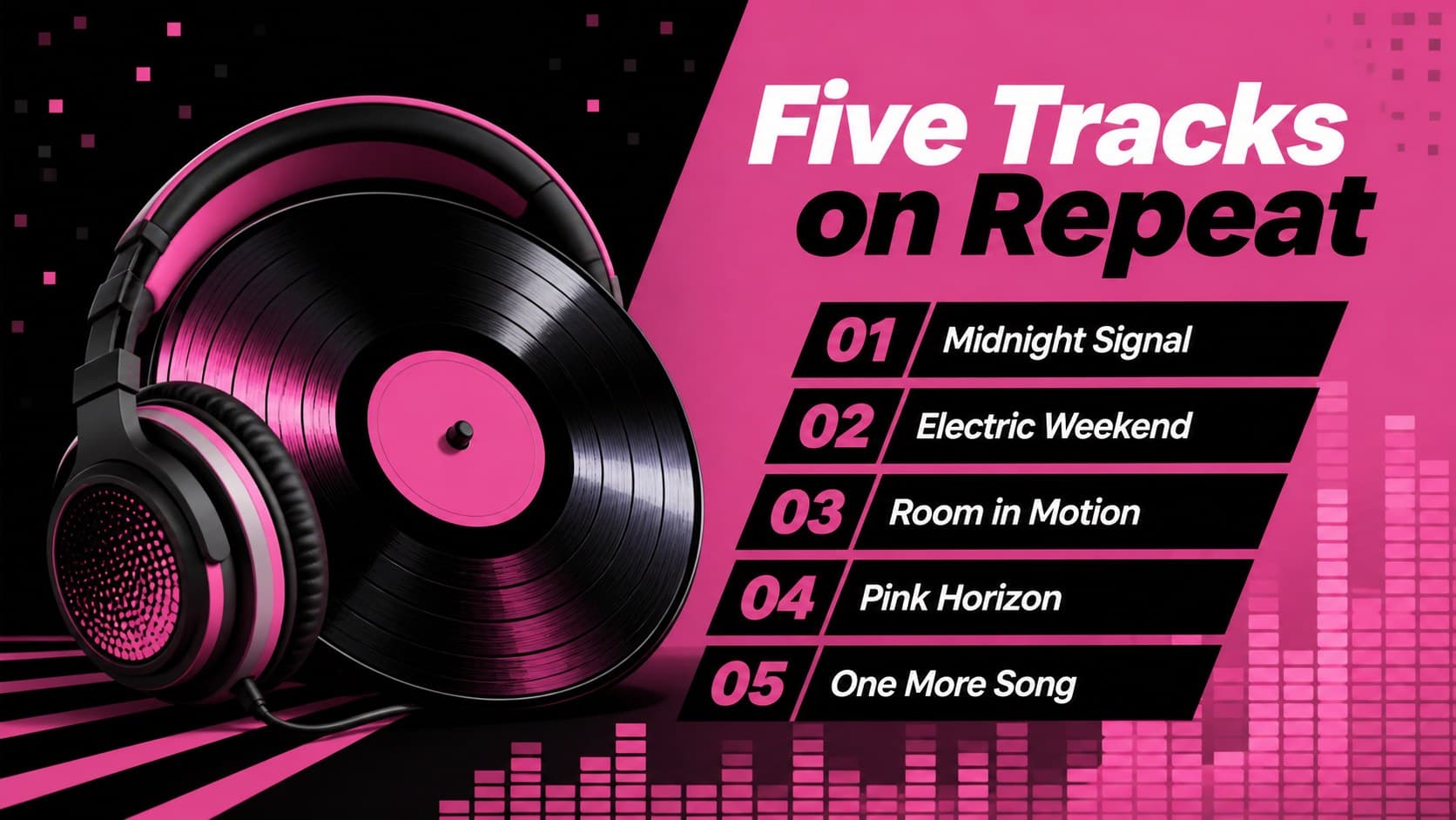 Music venue update presentation page listing five playlist picks beside a bold disco record graphic.