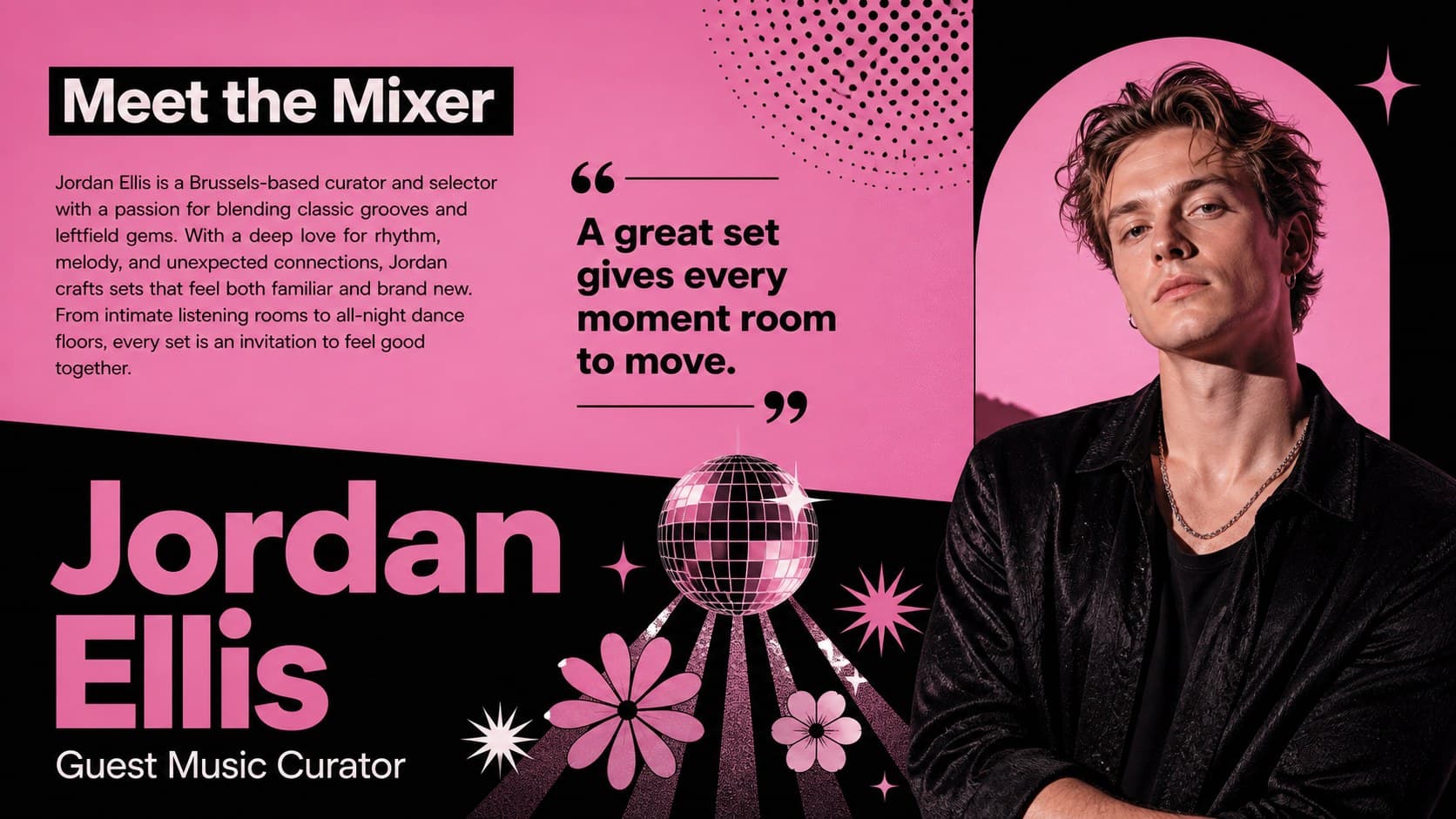 Disco themed event bulletin slide featuring a contributor profile, portrait, quote, and role details.