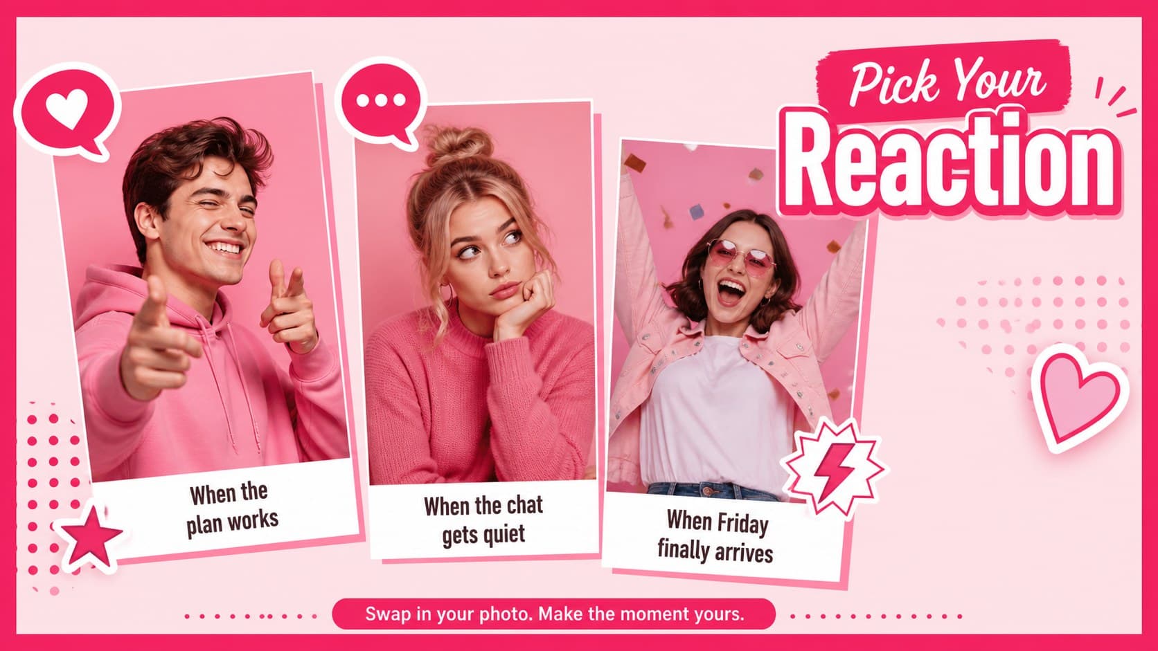 Editable pink meme presentation slide featuring three photo reactions with captions for social posts, party laughs, and team recaps.