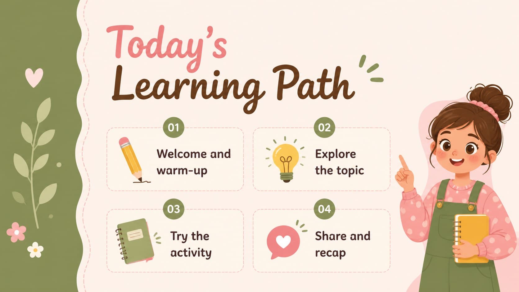Agenda slide outlining creative lesson sections in a colorful classroom presentation layout.