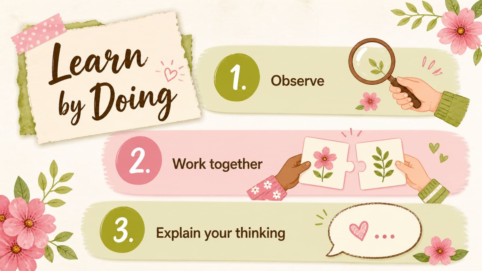 Three-step classroom activity slide showing a colorful process for student participation.