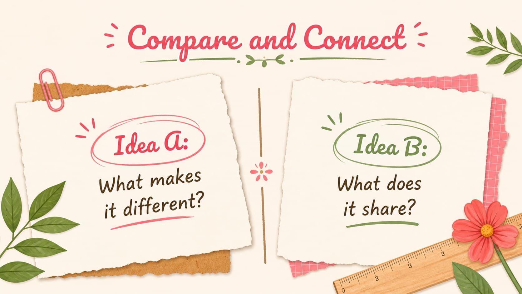 Comparison lesson slide contrasting two ideas with editable colorful classroom visuals.