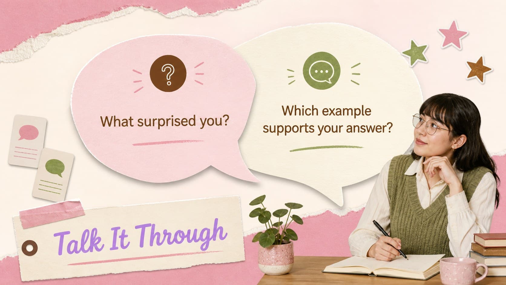 Student discussion slide with speech prompts and playful pink and green educational accents.