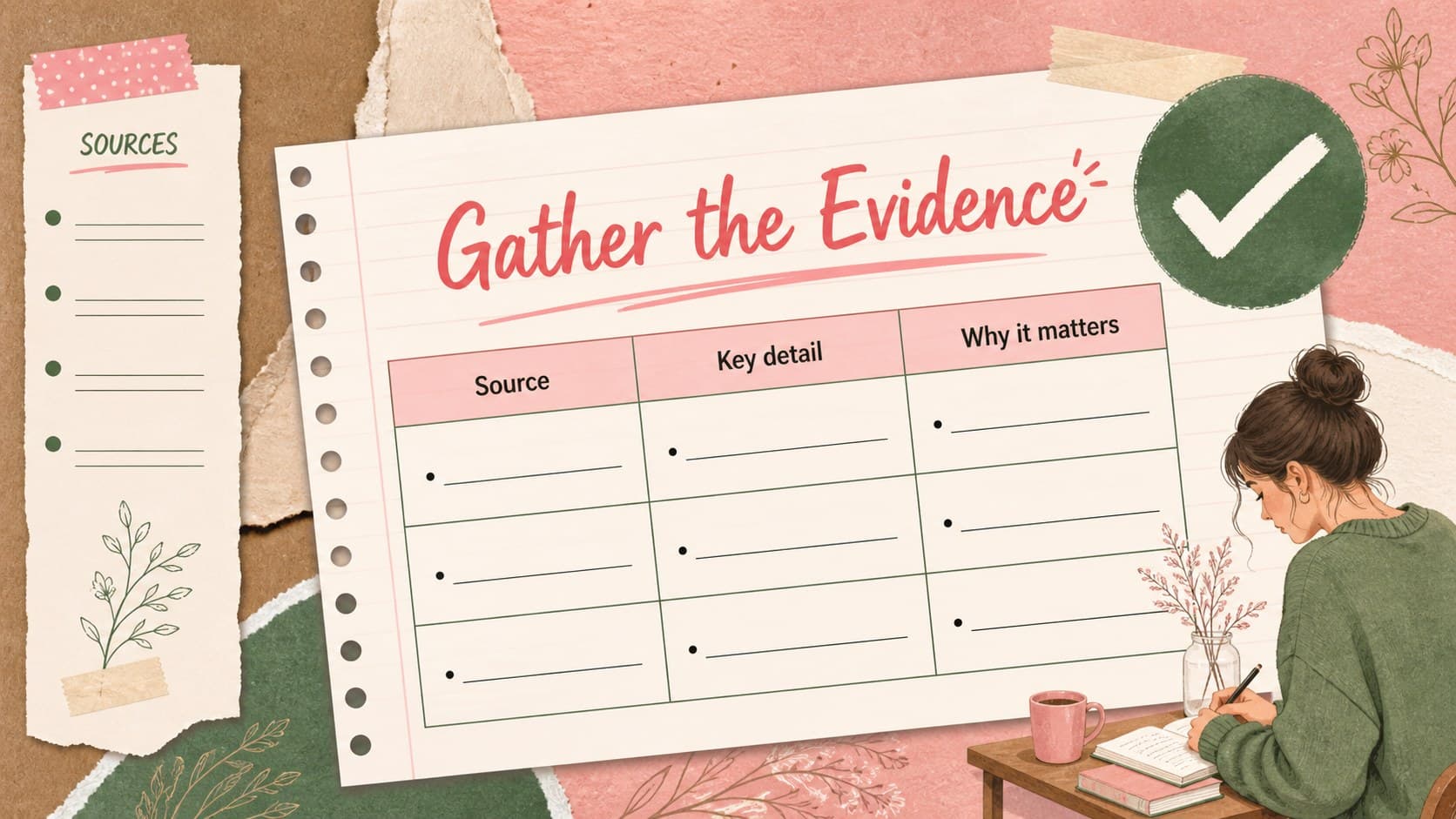 Research notes slide organizing sources and key findings for a school presentation.