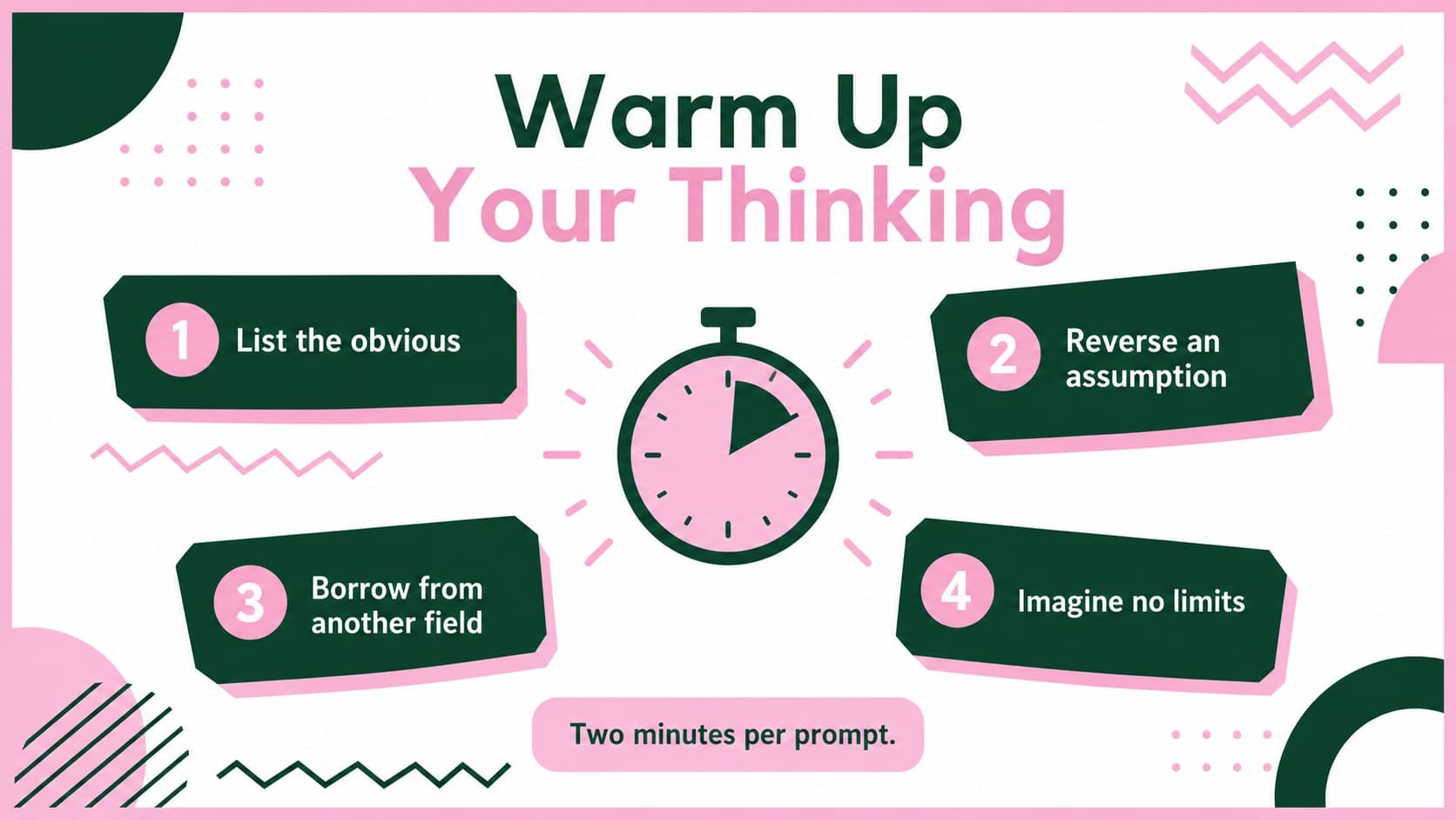 Student brainstorming presentation warm-up with four visual prompts for rapid creative thinking.