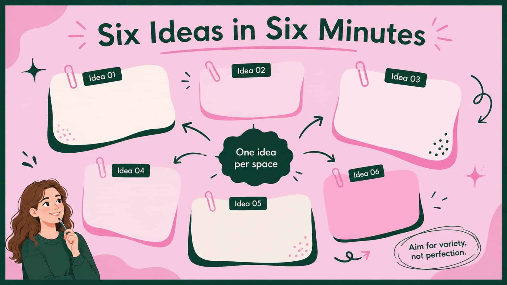 Individual idea sprint layout with six writable spaces in a pink and green geometric design.