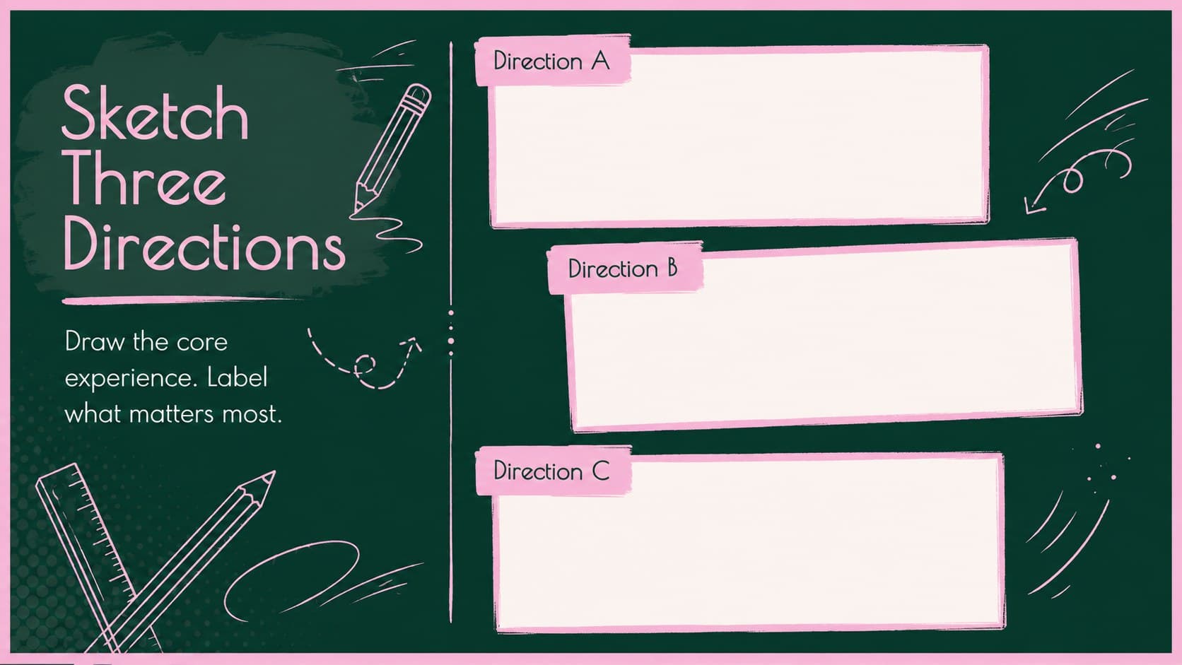 Rapid concept sketch slide with three framed spaces for drawing and annotating new ideas.