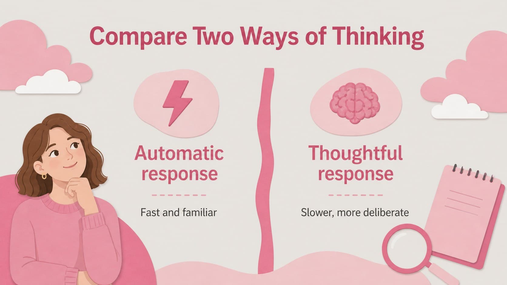 Two-column comparison slide for a cute brain science class presentation with pink and grey notes.
