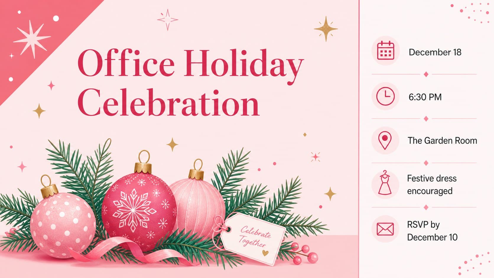 Pink office holiday party invitation template featuring event details and minimal seasonal decorations.