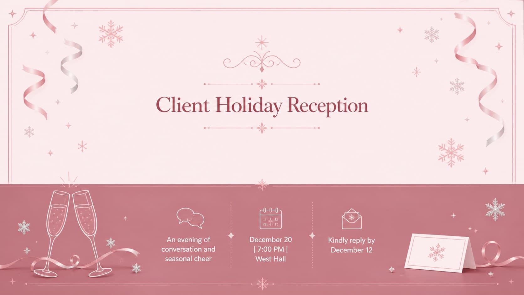 Client holiday reception invitation with an elegant pink layout and illustrated winter accents.