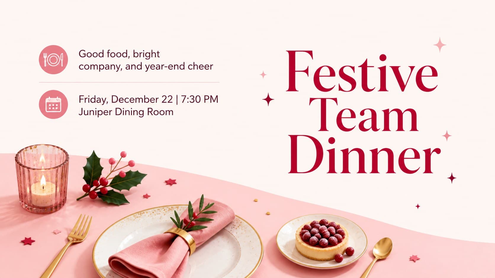 Festive team dinner invitation slide in pink with modern table-themed holiday illustrations.