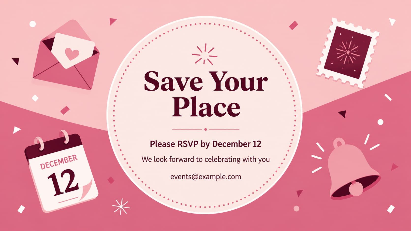 Pink holiday gathering RSVP reminder slide with clear response details and festive illustrated accents.
