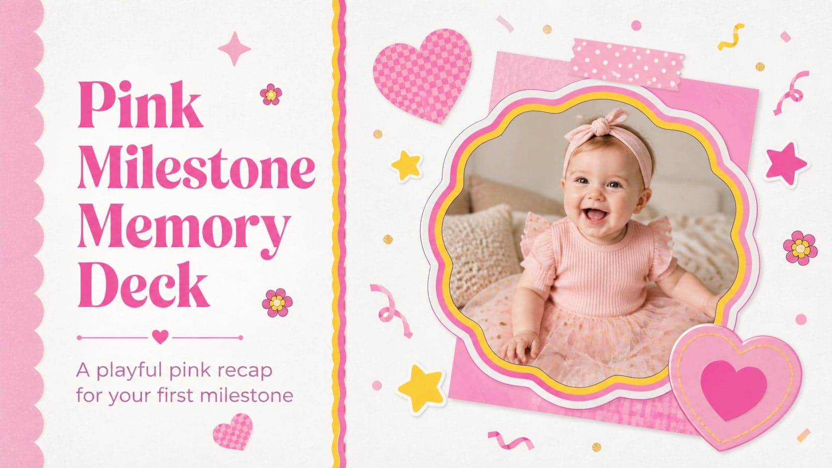 Playful pink cover slide for a first-year celebration presentation with illustrated milestone decorations.
