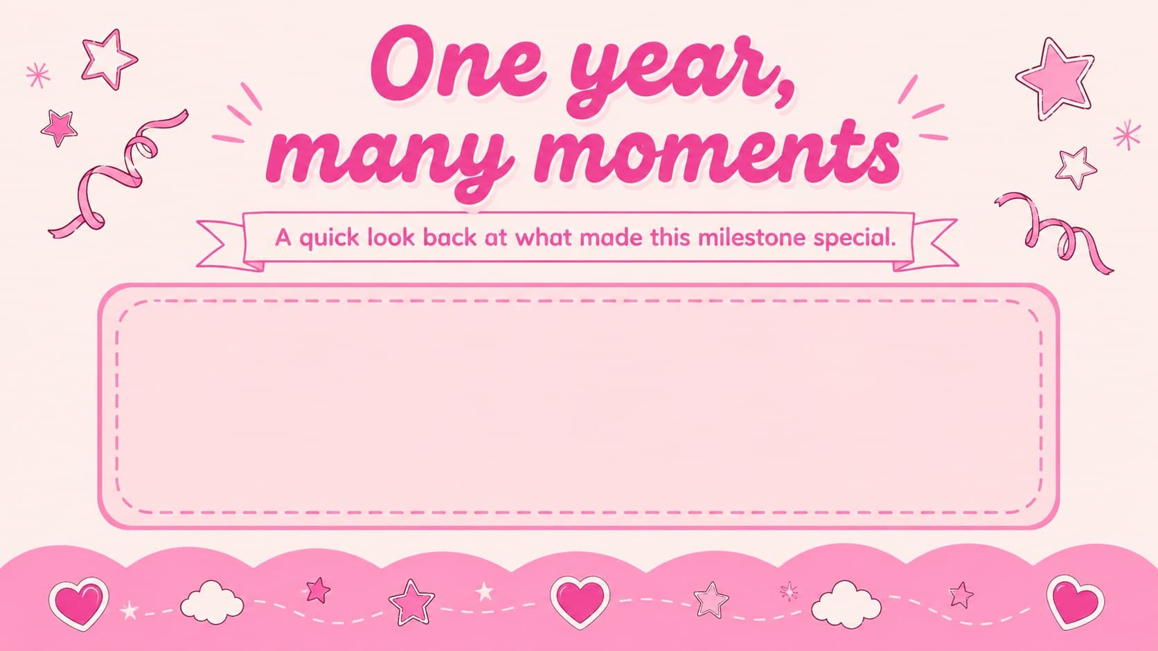Pink welcome slide introducing a first-year milestone story with cheerful doodles and a photo placeholder.