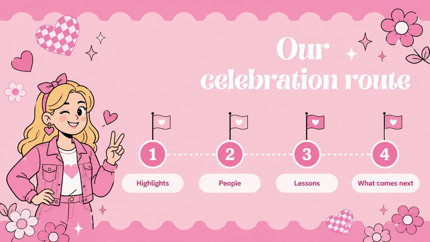 Pink agenda slide outlining the sections of a playful anniversary memory presentation.