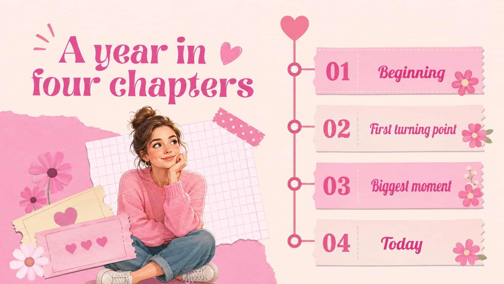 Pink timeline slide showing four memorable stages in a first-year celebration story.