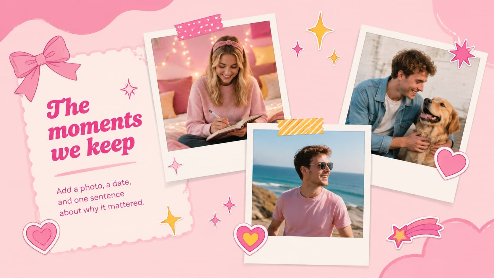 Pink photo collage slide presenting favorite memories from a first-year milestone.
