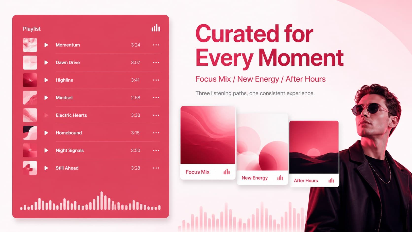 Playlist overview slide featuring curated track categories in a pink app UI pitch deck.