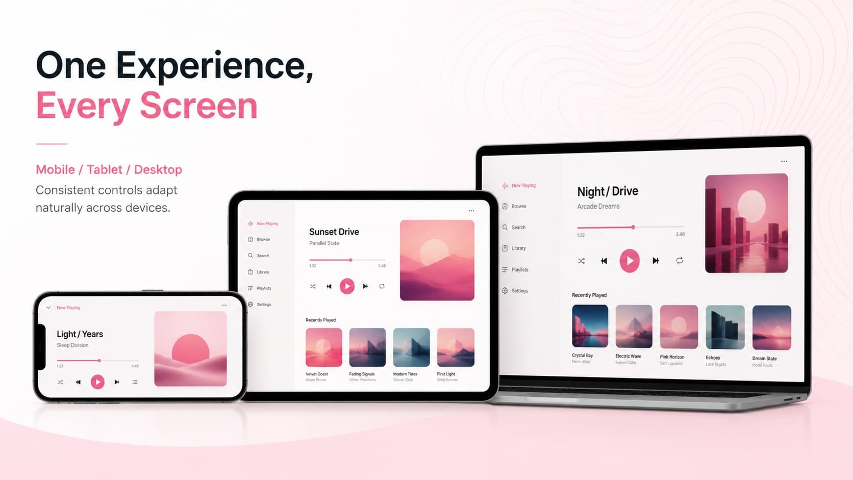 Responsive device mockups demonstrate a consistent playlist interface across mobile, tablet, and desktop screens.