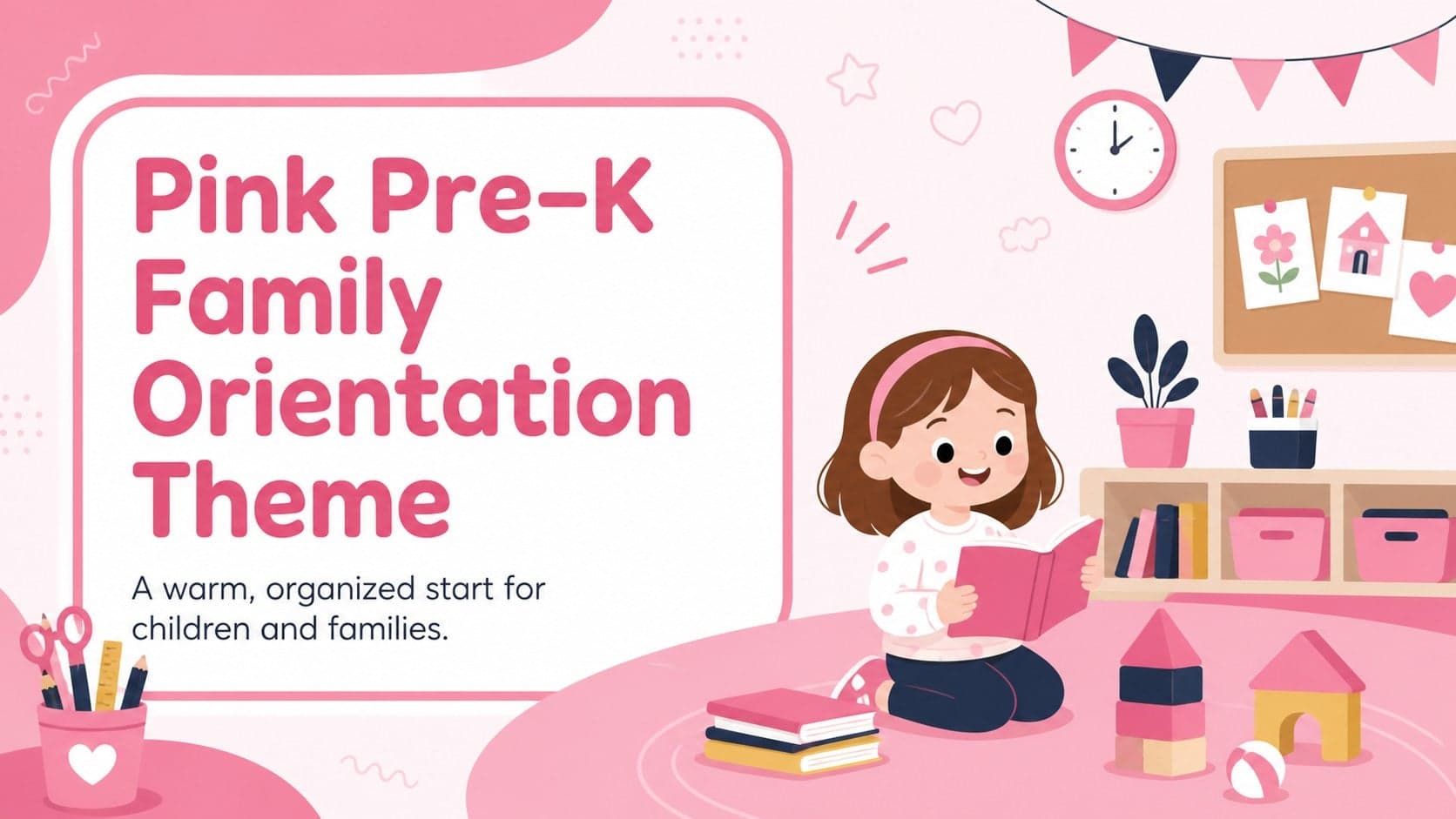 Cover for a pink pre-k family orientation theme with playful classroom illustrations and a welcoming subtitle.