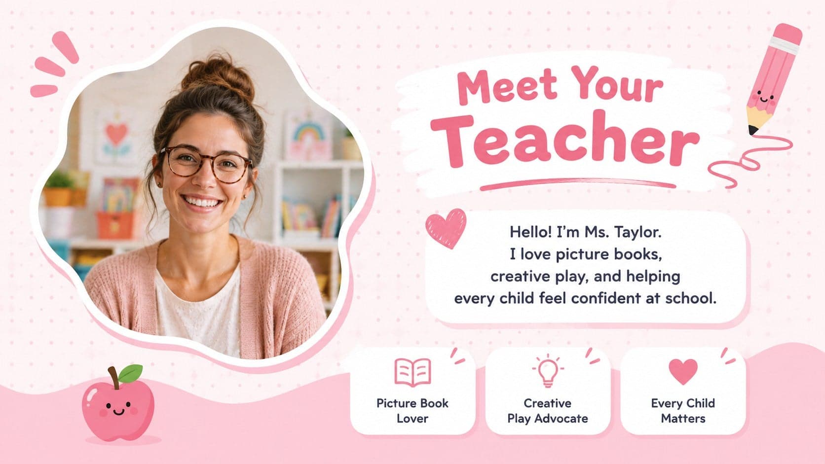 Meet the teacher presentation for preschool slide featuring an educator introduction and quick personal facts.