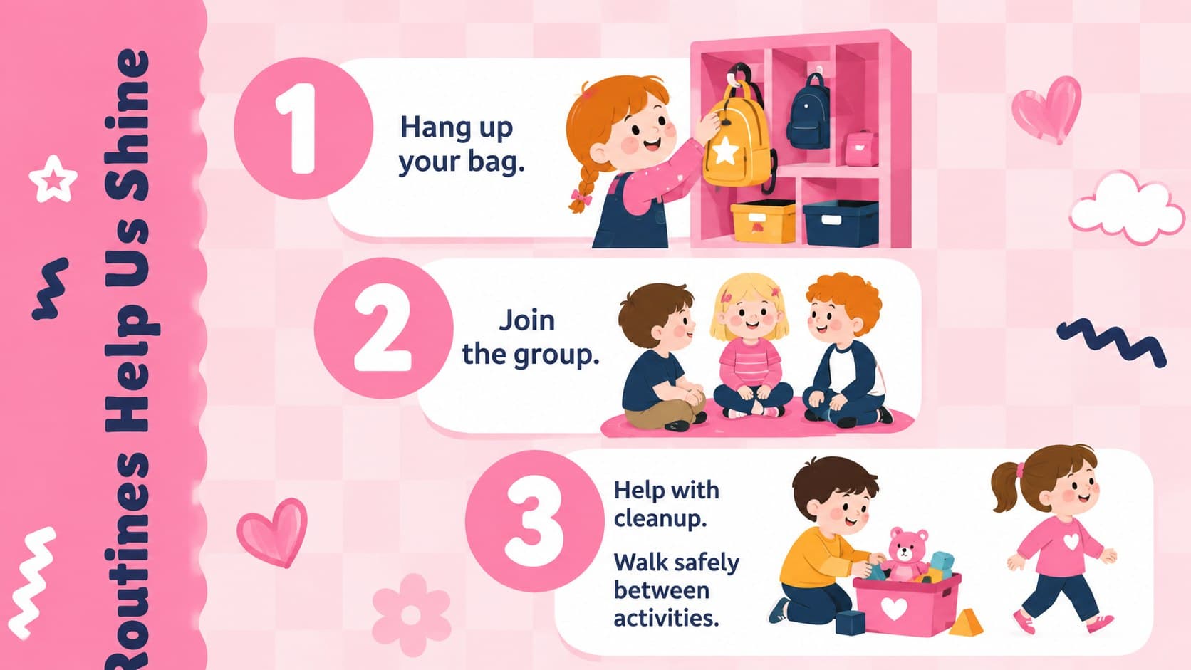 Pre-k classroom routines slide with illustrated steps for arrival, cleanup, and transitions.