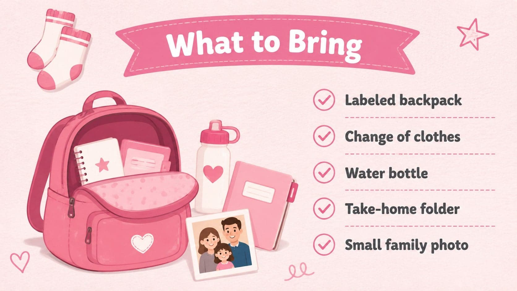 Back-to-school pre-k supply checklist featuring a backpack, spare clothes, water bottle, and folder.