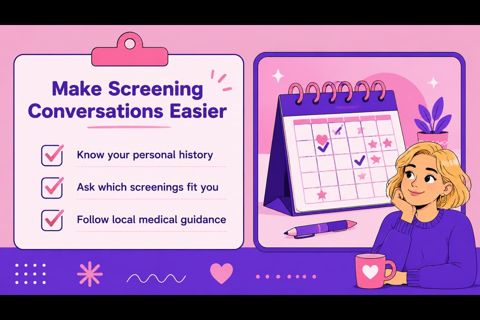 Breast cancer screening education slide with a checklist and colorful pink ribbon accents.