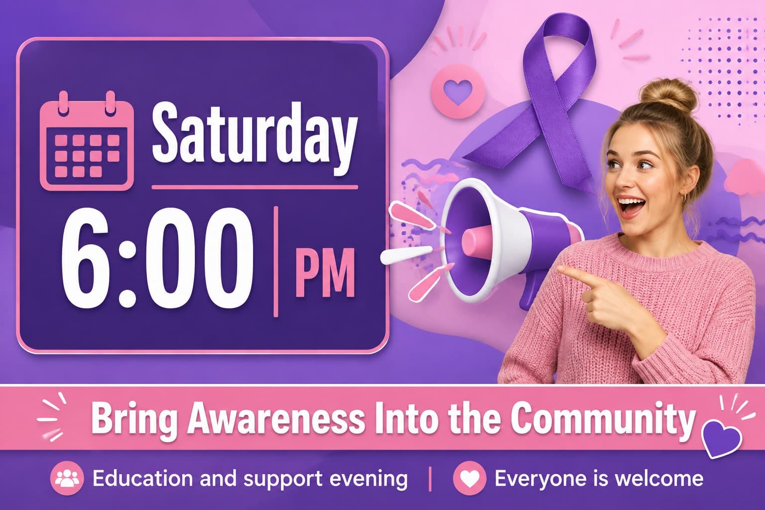 Community outreach slide announcing a breast cancer awareness event with a bold retro layout.