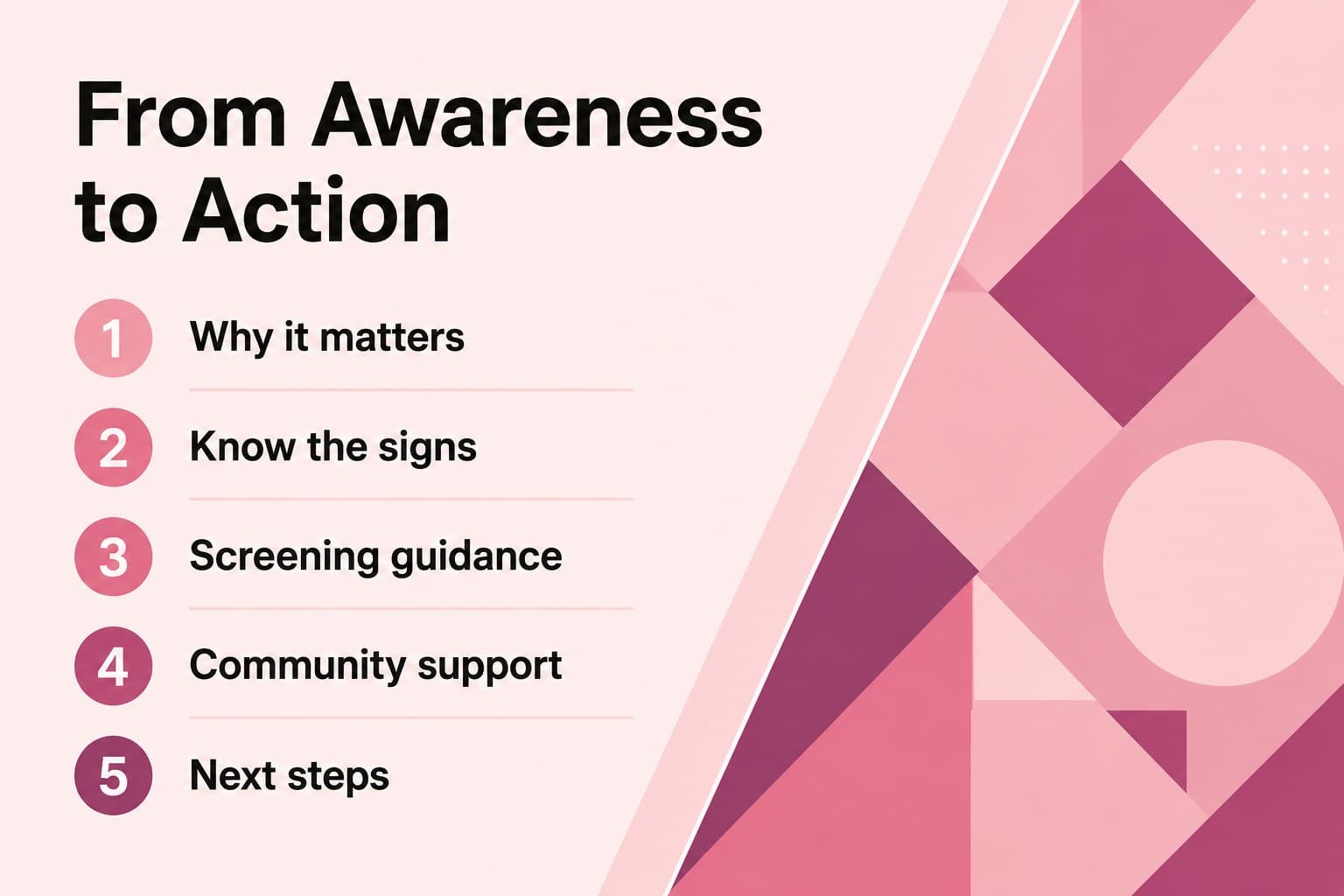 Agenda slide outlining the sections of a breast cancer education presentation with pink shapes and editorial typography.