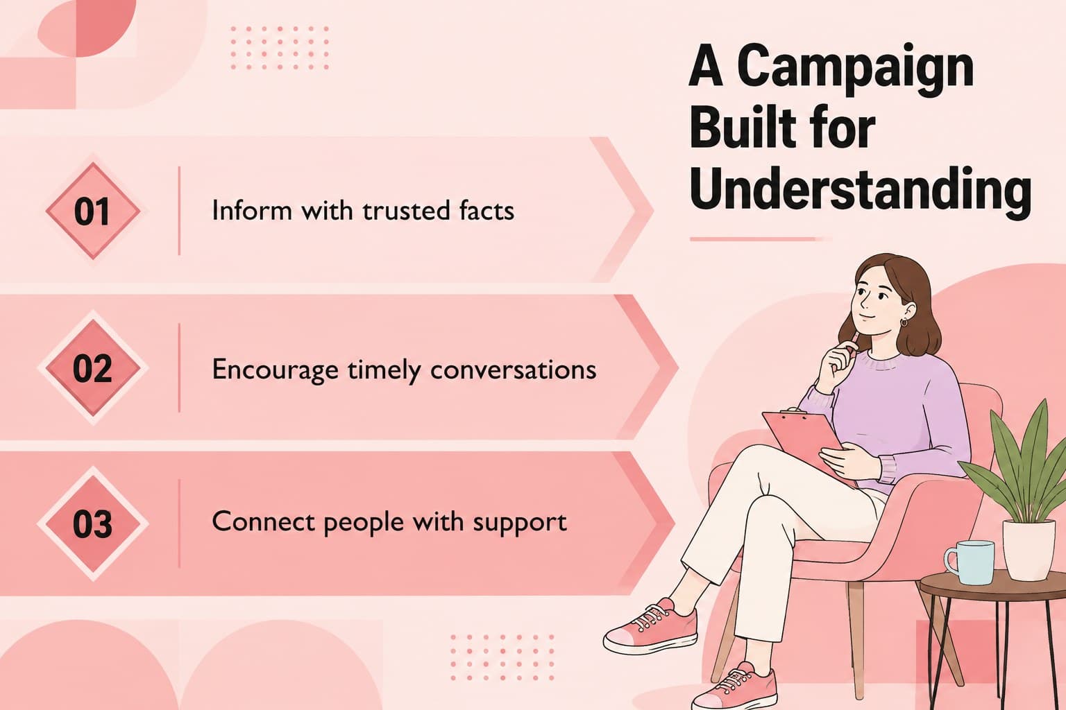 Breast cancer awareness slide presenting campaign goals through pink geometric blocks and concise editorial text.