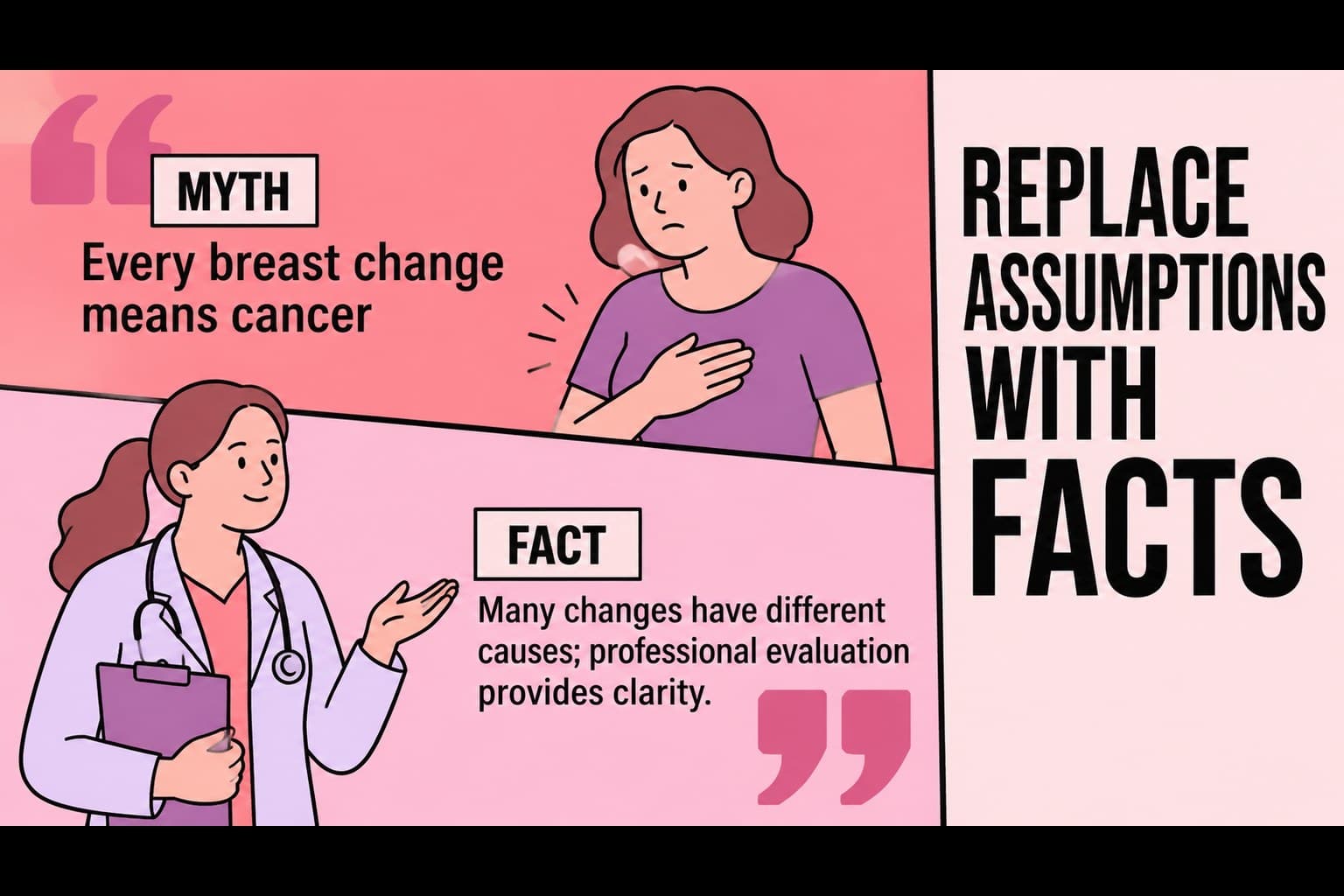 Breast cancer education presentation slide comparing myths and facts in a bold pink geometric layout.