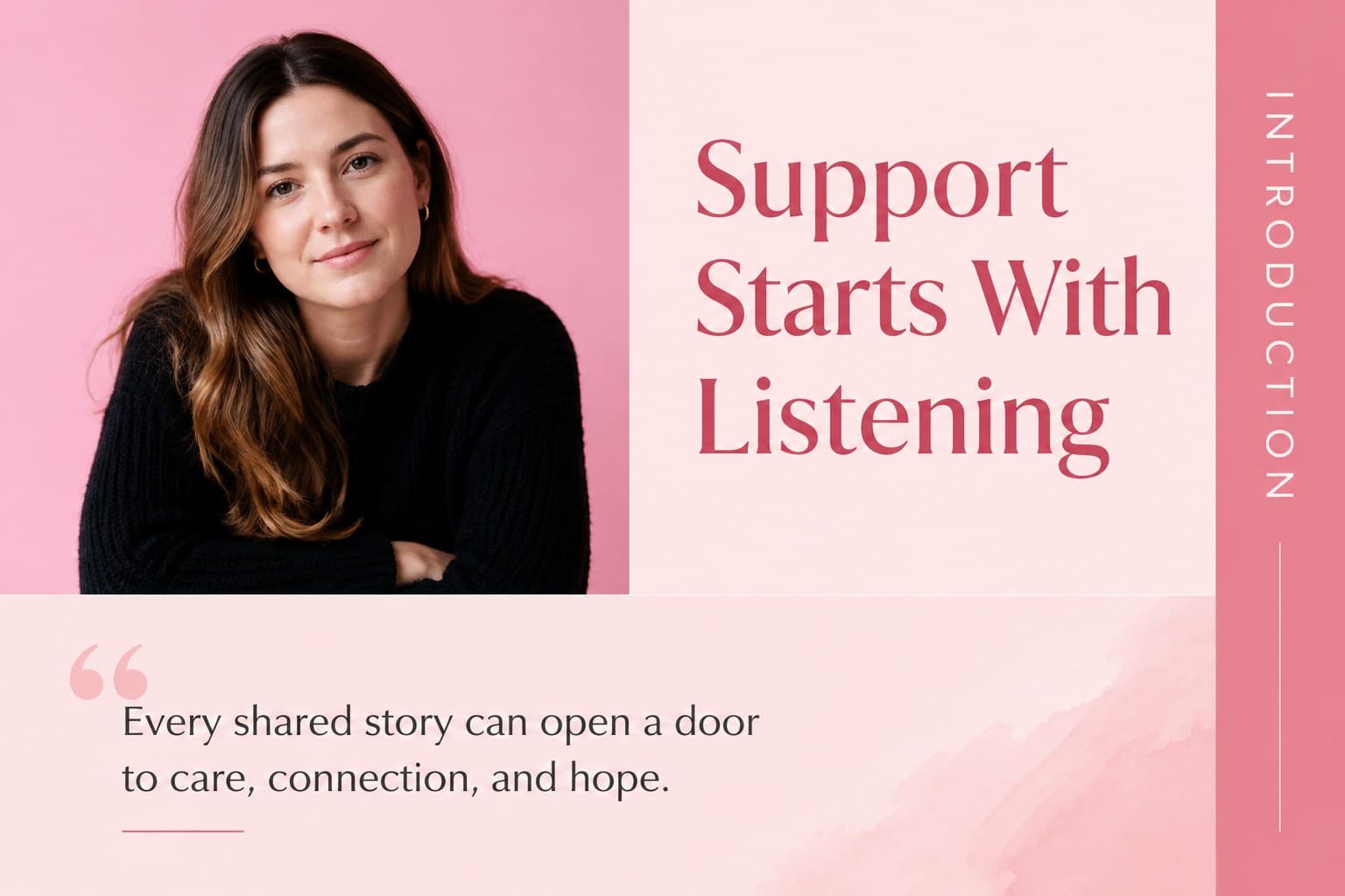 Community support slide for nonprofit health campaign slides with a warm portrait and quote.