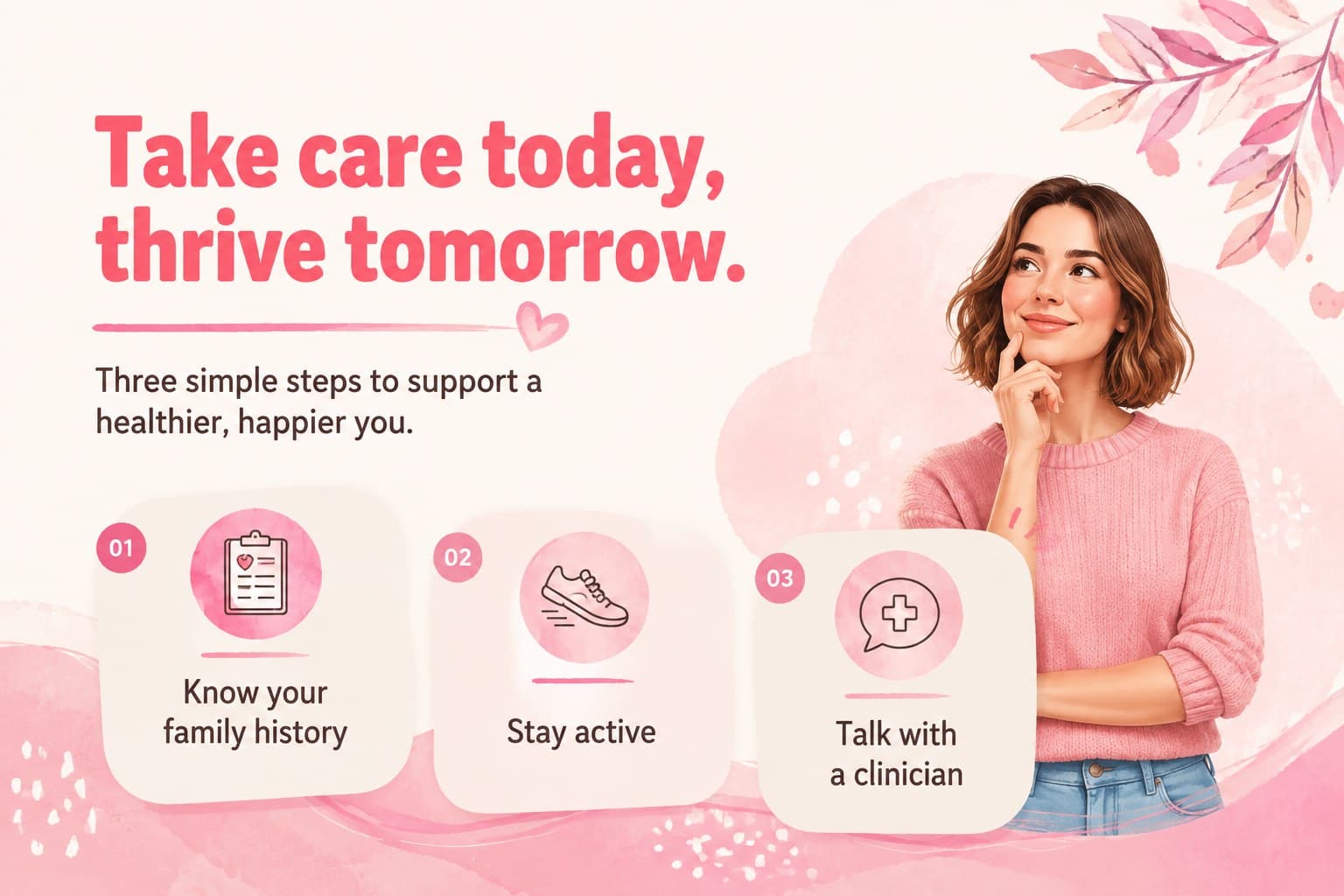 Breast health prevention slide with lifestyle guidance and pink botanical accents.