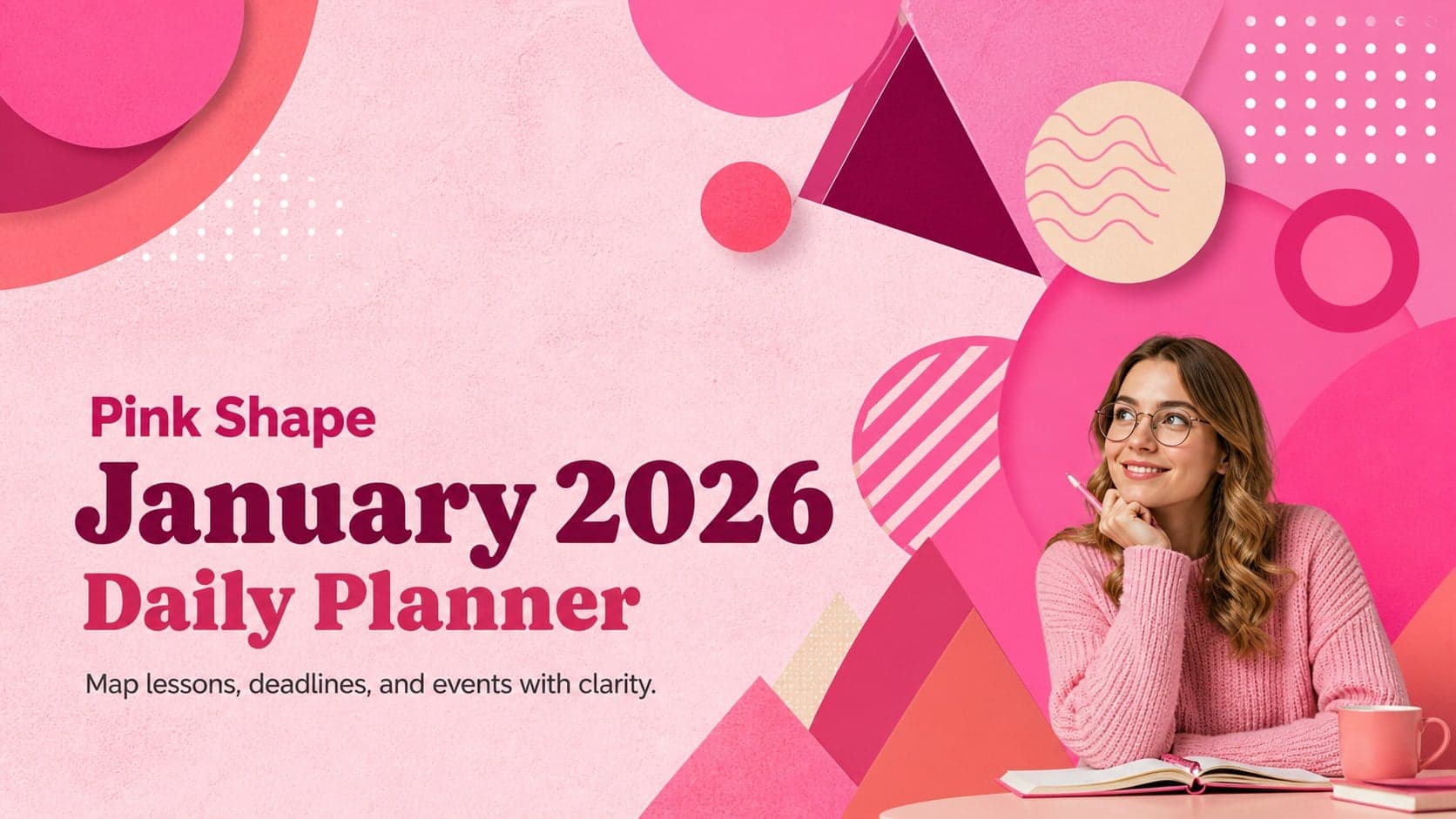 Cover of the Pink Shape January 2026 Daily Planner with colorful geometric accents and bold pink typography.