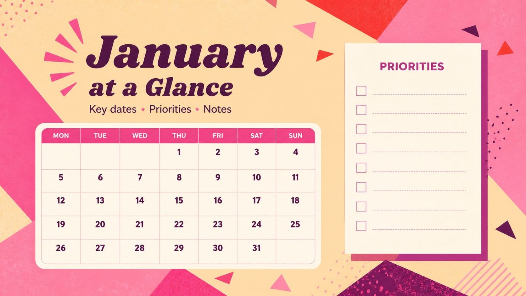 January 2026 monthly overview slide with a pink geometric calendar grid and notes area.