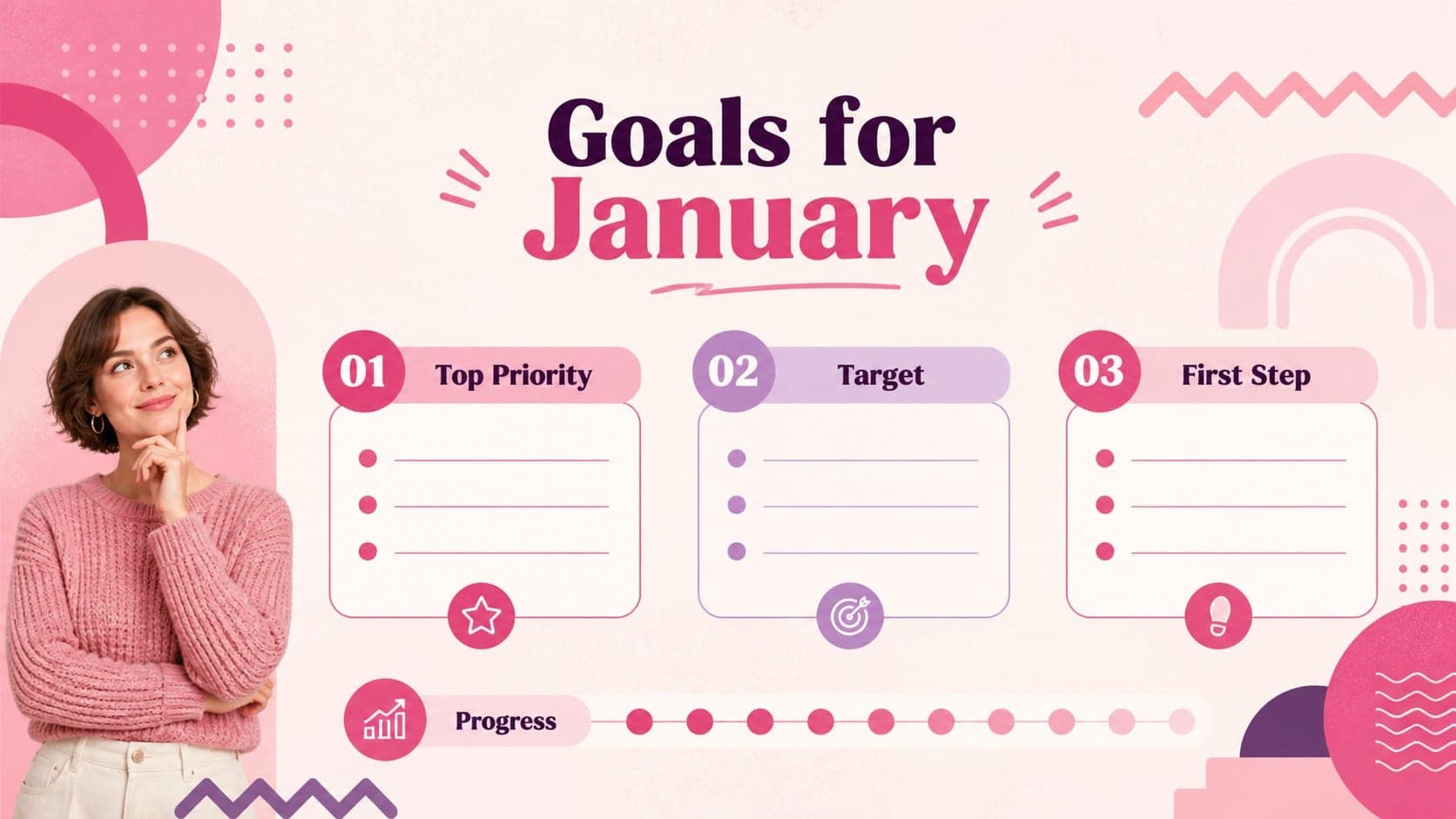 January goals planner slide featuring priority blocks, measurable targets, and bright pink shapes.