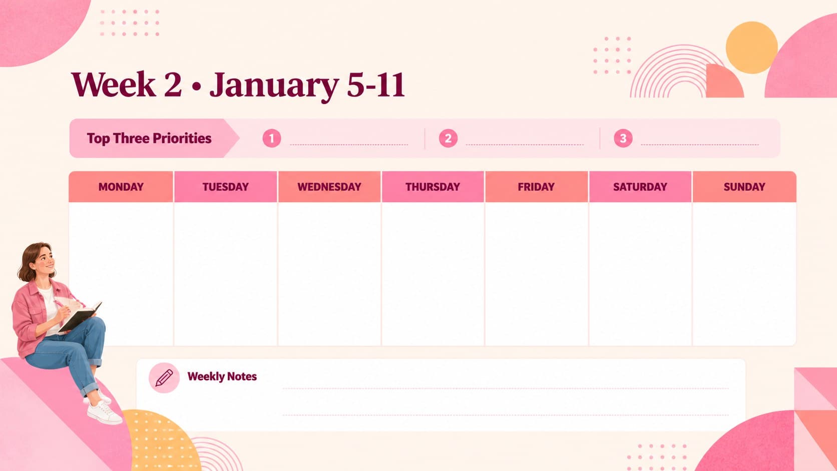 Colorful weekly agenda slide covering January 5 through 11 with task and priority spaces.